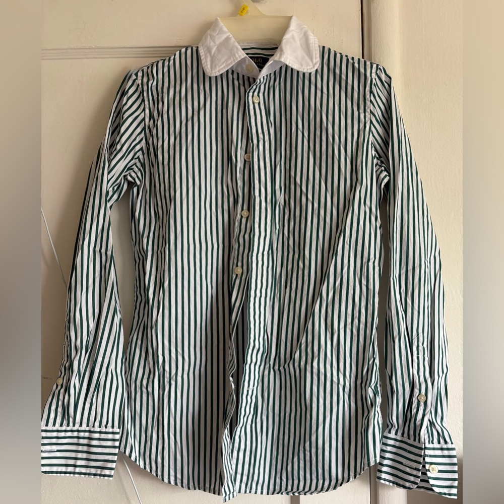 Ralph Lauren Green and White Striped Button Down Shirt